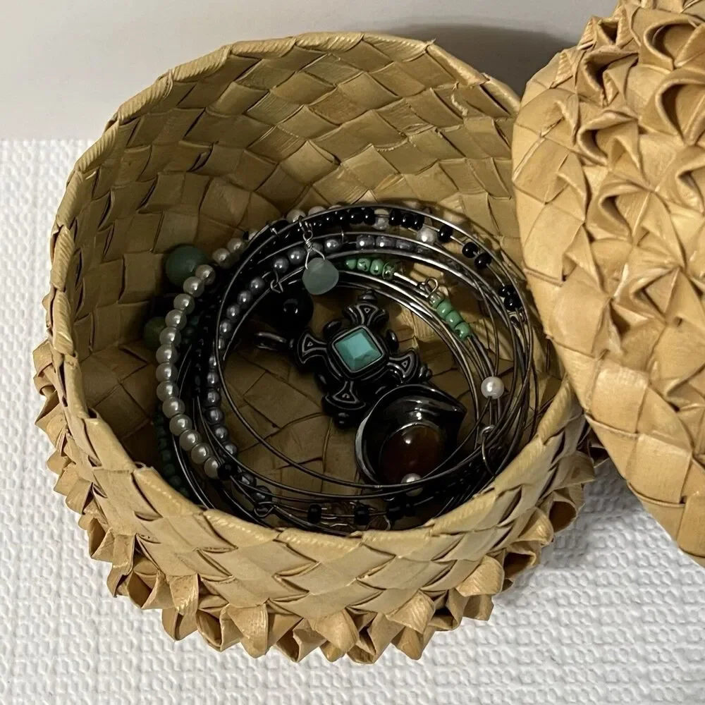 Vintage Porcupine Weave 6 Point Star Basket With Lid Handwoven Hawaiian Lauhala